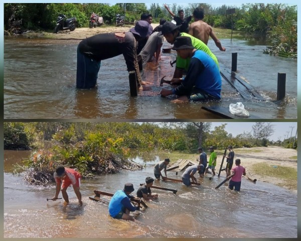 Jalan Penghubung Kayu Menang-Singkil Terputus, Pemuda Bangun Jembatan Darurat 1 banjir