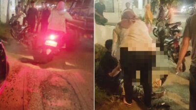 Jalan Syiah Kuala Gampong Tualang Teungoh yang berlubang dan gelap serta pengedara Sepmor yang jadi korban akibat terjatuh dijalan itu, Minggu (23/06/2024). (Foto:hariandaerah.com/SukmaMT)