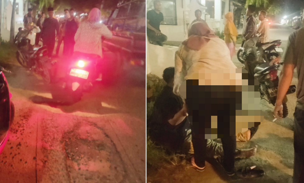 Jalan Syiah Kuala Gampong Tualang Teungoh yang berlubang dan gelap serta pengedara Sepmor yang jadi korban akibat terjatuh dijalan itu, Minggu (23/06/2024). (Foto:hariandaerah.com/SukmaMT)