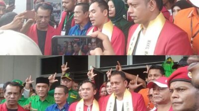 Ribuan Massa Antar Sayuti-Husaini Mendaftar ke KIP Lhokseumawe 2 Lhokseumawe