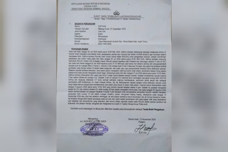 Diduga Malpraktek Medik, Manajemen dan Oknum Dokter Spesialis Bedah Saraf RSUDZA Dilaporkan ke Polda Aceh 2 Aceh