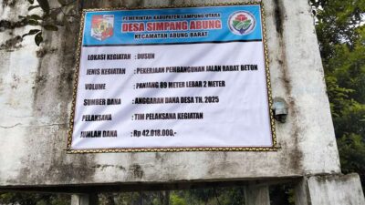 Anggaran Dana Desa (DD) tahun 2025 tahap pertama, Desa Simpang Abung,kecamatan Abung Barat, Kabupaten Lampung Utara ,telah melaksanakan kegiatan pembangunan jalan rabat beton tahap pertama