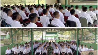 Dandim 0115/Simeulue, Letkol Arm Qomarus Zaman, S.T., M.I.P., M.H.I. memberikan pengarahan dan motivasi, kepada para pemuda yang akan mengikuti tes seleksi Calon Siswa (Casis) Bintara dan Tamtama TNI AD, di Aula Sanggamara Makodim 0115/Simeulue, Kamis (24/04/2025). Foto : Ist