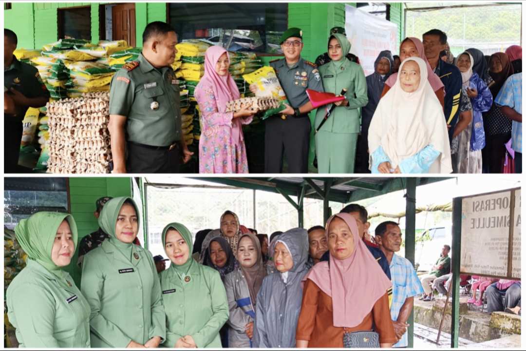 Dandim 0115/Simeulue, Letkol Arm Qomarus Zaman, S.T., M.I.P.,M.H.I menyerahkan secara simbolis bahan pokok murah kepada warga setempat. Kamis (07/08/2025). Foto: (doc. hariandaerah.com)