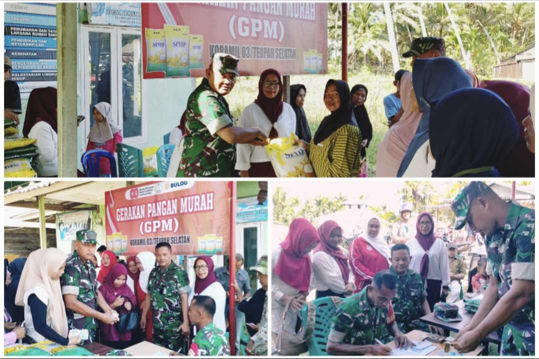 Kodim 0115/Simeulue bersama Perum Bulog Simeulue menggelar Gerakan Pangan Murah (GPM), di Balai Desa Pasir Tinggi, Kecamatan Teupah Selatan, Rabu (13/08/2025). Foto : hariandaerah.com