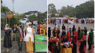 Meski Diguyur Hujan, Persit Kodim 0115/Simeulue Tetap Semangat Meriahkan Karnaval Hari Jadi ke-26 Kabupaten Simeulue. Minggu (12/10/2025).(Foto: ist)
