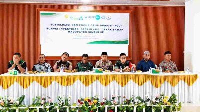 Kegiatan Focus Group Discussion (FGD) Survei Investigasi Desain (SID) Cetak Sawah di Aula Kantor Bupati Simeulue, Desa Air Dingin, Kecamatan Simeulue Timur, Minggu (26/10/2025). (Foto : ist)