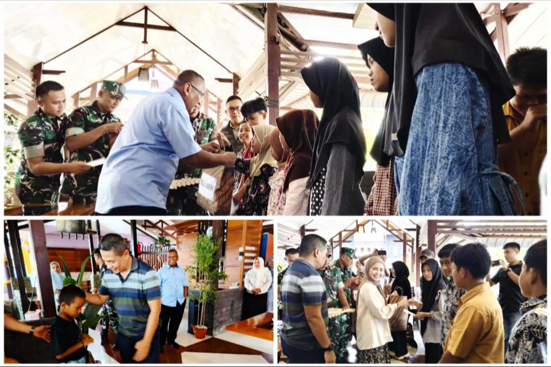 Kapok Sahli Pangdam Iskandar Muda Brigjen TNI Bambang Sulistyo Hery, T, S.Sos., M.Han, menyalurkan tali asih kepada puluhan anak yatim piatu, di Penginapan Graha D’Fit, Desa Kolok, Kecamatan Simeulue Timur. Sabtu (08/11/2025). Foto : Ist