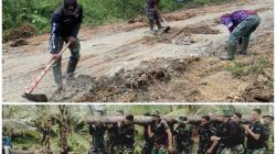 Para Prajurit TNI sedang melaksanakan gotong royong dengan samangat membuat jalan dan jembatan kayu dalam kegiatan TMMD ke-126 di Simeulue. (Foto: dok. Komandaka/Hariandaerah)