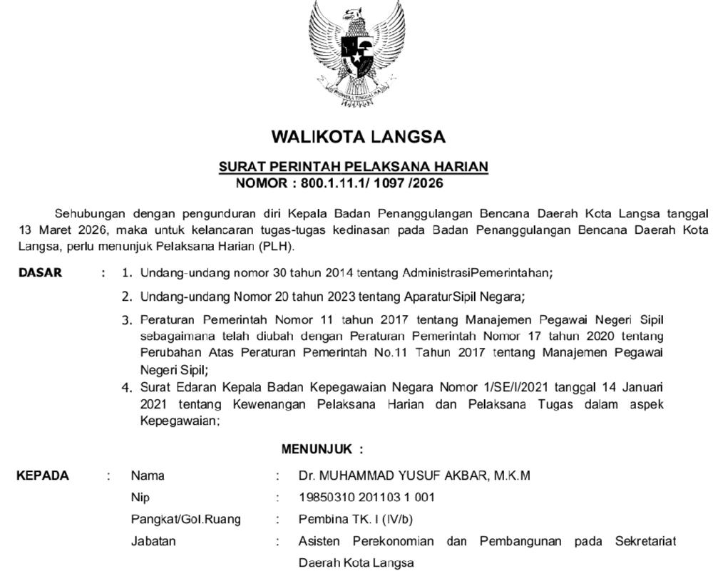 Wali Kota Langsa Tunjuk Yusuf Akbar Sebagai Pelaksana Harian Kepala BPBD 1 IMG 20260325 222810